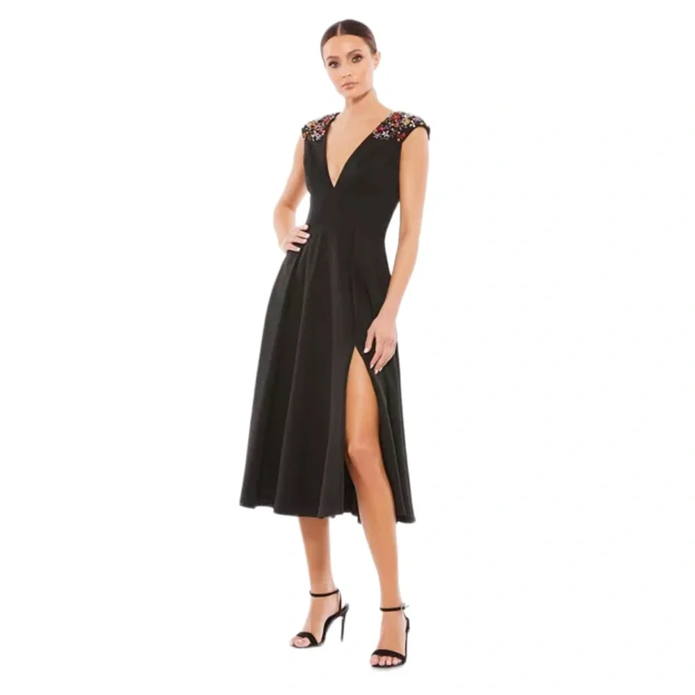 NWT Mac Duggal Ieena Beaded Cap Sleeve A Line Midi Dress - 0 - Picture 1 of 9
